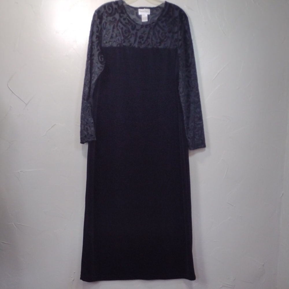 Diane Von Furstenberg Black Burnout Top Velour Long Sleeve Dress Women's Large